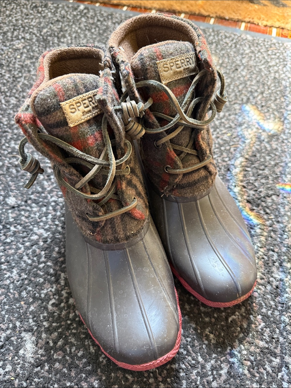 Sperry Kids Brown Plaid Waterproof Duck Boots with Red Trim